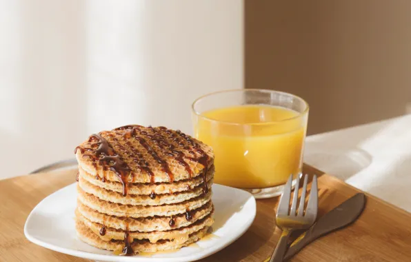 Chocolate, Breakfast, juice, waffles