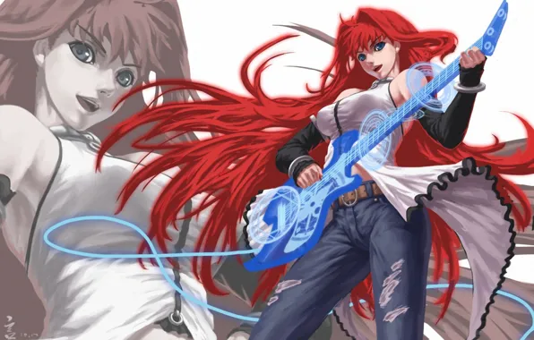 Girl, guitar, jeans, art, red, aozaki aoko, feitie, shingetsutan tsukihime