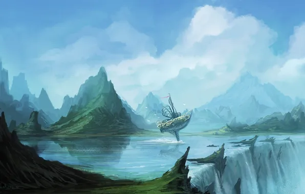 Water, river, rocks, ship, waterfall, art, volatile