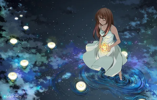Picture water, girl, stars, night, candles