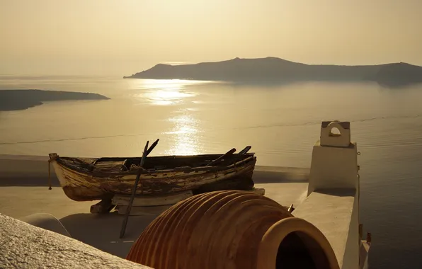 Roof, sea, boat, view, Greece, Notio Aigaio, Firostefani, Thira