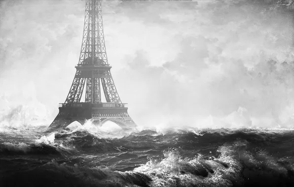 Picture wave, Paris, the flood, France, the end of the world, Eiffel tower, the flooding