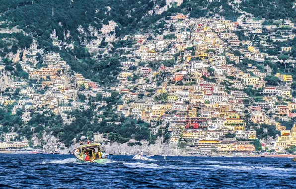 Picture sea, mountains, home, yacht, boat, Italy, Positano, Salerno