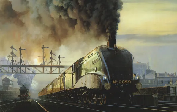 The sky, smoke, rails, cars, Station, locomotive, trains