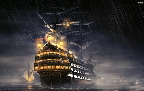 Rain, Battleship, Sea