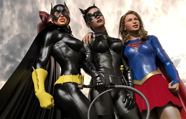 Women, the sky, clouds, costumes, catwoman with other heroes