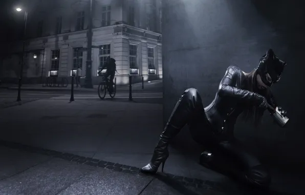 The city, boots, mask, costume, cyclist, Catwoman, Catwoman, tin