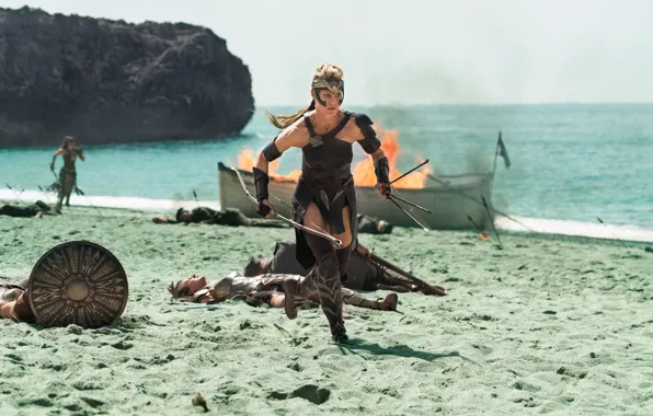 Picture cinema, sword, Wonder Woman, beach, soldier, armor, weapon, man