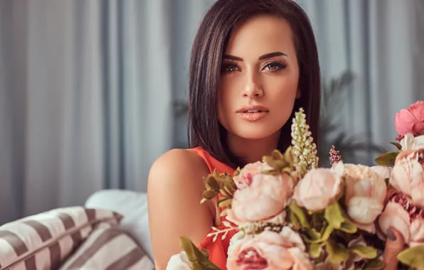 Picture look, girl, flowers, face, style, makeup