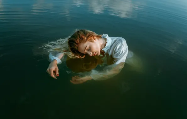 Water, girl, pose, hands, closed eyes