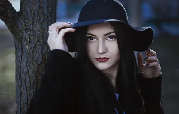 Look, girl, pose, tree, portrait, hat, hands, brunette