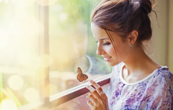 Butterfly, face, smile, woman, Girls, hands