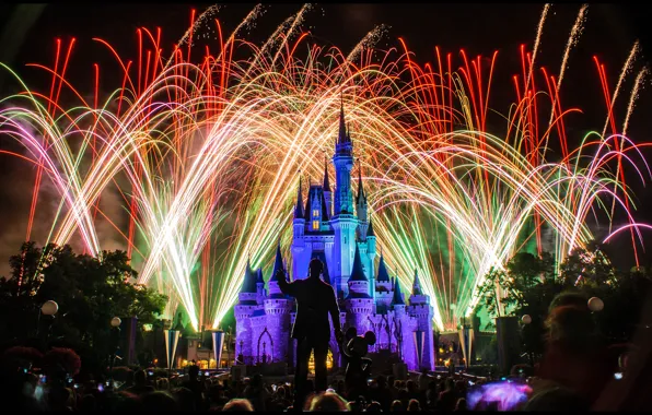 Lights, holiday, backlight, Disneyland, colorful, fireworks, Sleeping Beauty's Castle