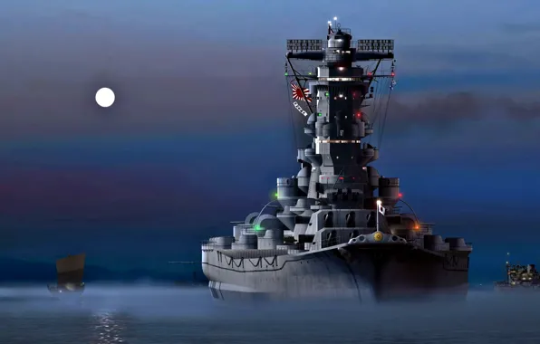 Night, The moon, The Imperial Japanese Navy, Battleship, The Empire Of Japan, "Yamato"