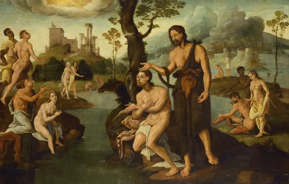 Trees, oil, picture, religion, mythology, Jan van Scorel, The Baptism Of Christ