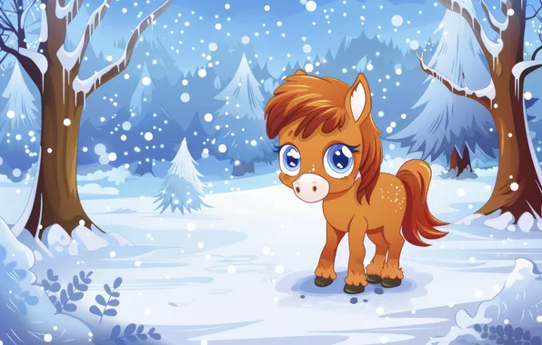 Winter, snow, horse, horse, pony, snowfall, foal, cartoon