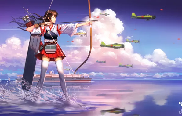 Girl, the plane, the ocean, figure, ship, anime, Archer, art