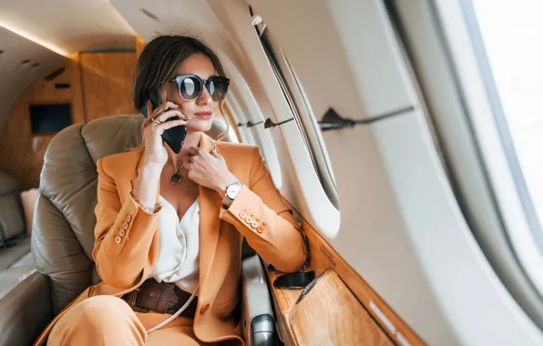 Girl, The plane, Glasses, Flight, Flying, Smartphone, Luxury travel, Luxury Travel