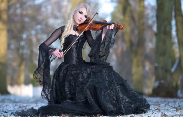 Winter, Snow, Blonde, Violin, Black Dress, Maria Amanda, Stock, Winters Melody