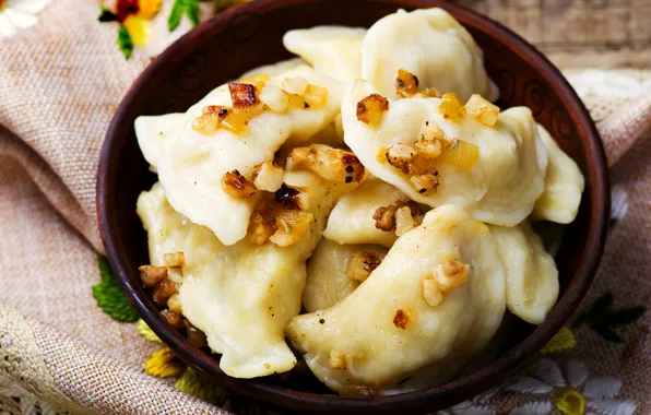 Picture bow, bowl, yummy, napkin, dumplings, dumplings, potato, food is served