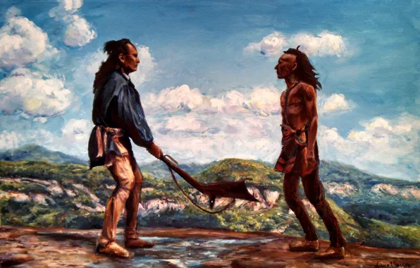 The sky, clouds, rocks, figure, the Indians, the fight, The last of the Mohicans