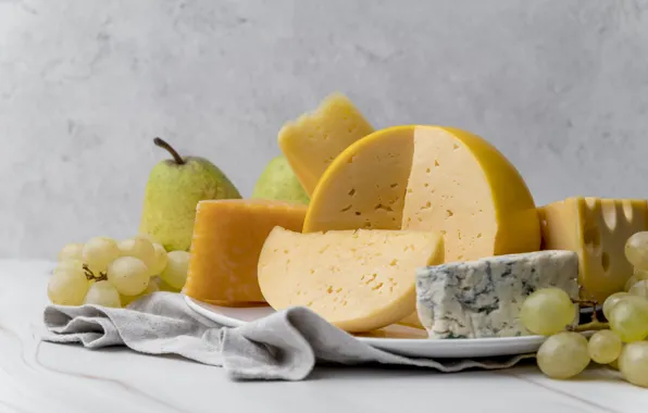 Table, food, towel, cheese, grapes, pieces, grey background, pear