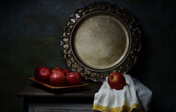 The dark background, table, apples, towel, still life, tray