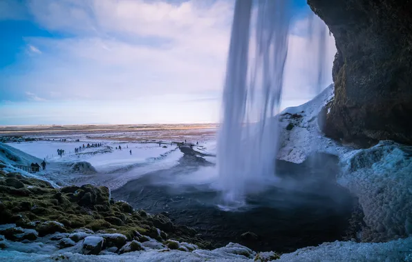 Winter, the sky, clouds, snow, stones, rocks, shore, waterfall