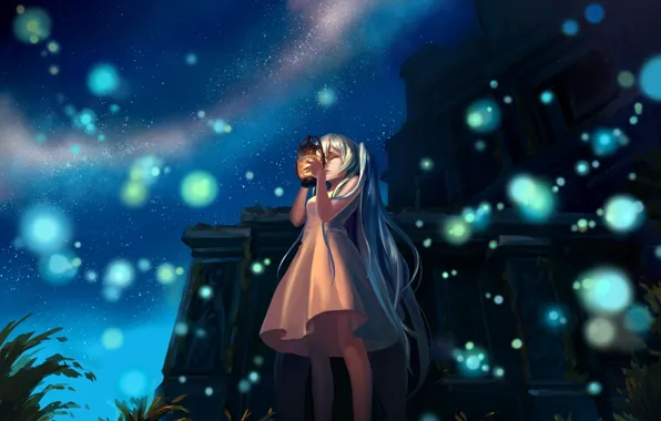 Picture girl, night, the building, lights, art, lantern, ruins, vocaloid