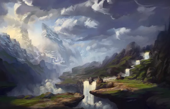 Clouds, mountains, river, waterfall, art, painted landscape