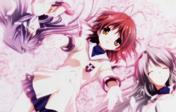 Cherry, girls, petals, Sakura, clannad, anime, art, Fujibayashi Kyou
