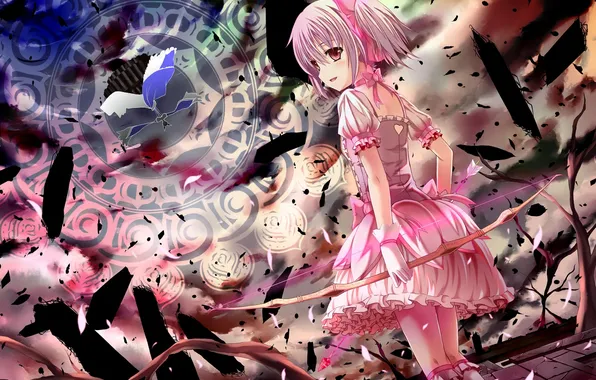 Picture girl, trees, weapons, anime, petals, bow, art, arrows