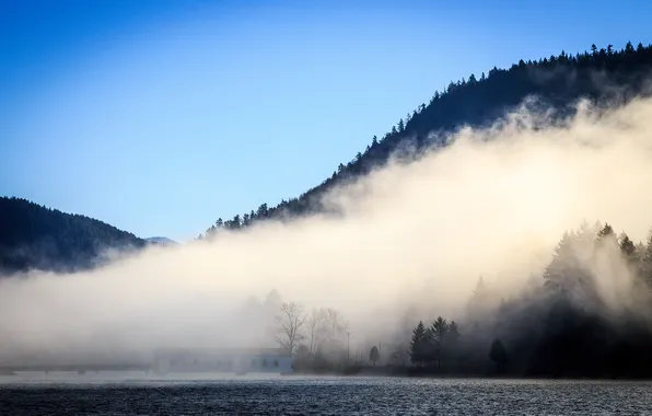 Mountains, nature, lake, haze