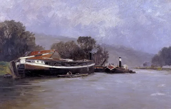 Picture landscape, river, ship, picture, Carlos de Haes, The Seine at Rouen