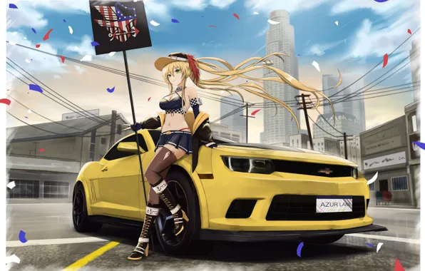 Picture car, green eyes, hat, anime, blonde, anime girls, confetti, Azur Lane