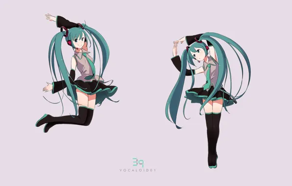 Jump, grey background, vocaloid, Hatsune Miku, Vocaloid, blue hair, Hatsune Miku, black stockings