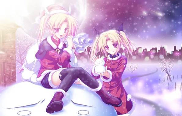 Winter, snow, trees, the city, girls, holiday, the moon, comet