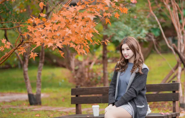 Autumn, leaves, trees, glass, pose, Park, model, skirt