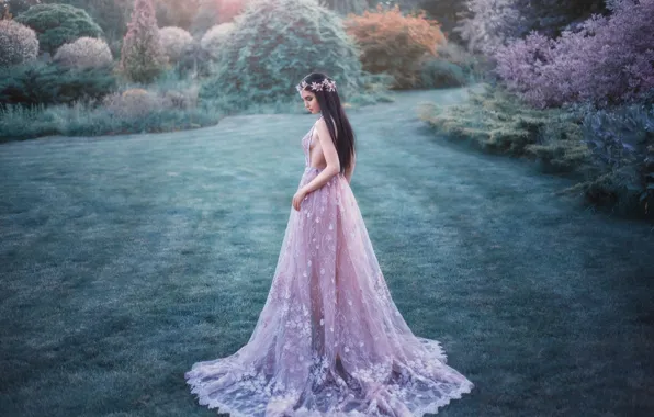NATURE, GRASS, GREENS, DRESS, BROWN hair, WREATH, The BUSHES, photographer Irina Kharchenko