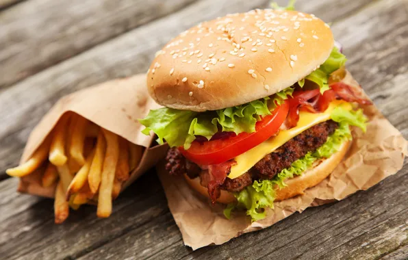 Picture vegetables, tomatoes, hamburger, Patty, bacon, salad, buns