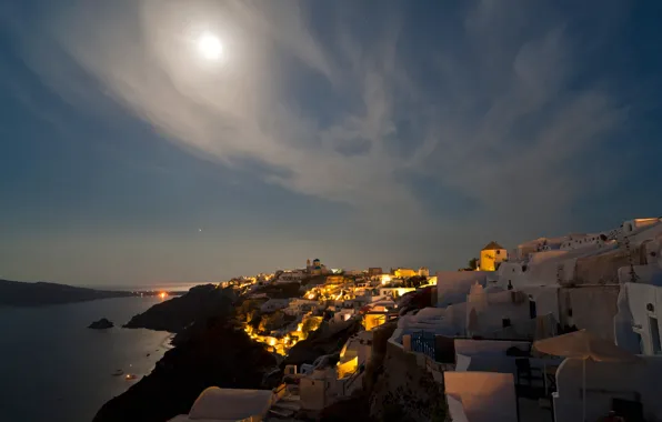 Sea, the sky, clouds, night, the city, lights, the moon, Greece