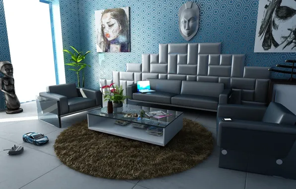 Room, sofa, toy, furniture, interior, carpet, chairs, pictures