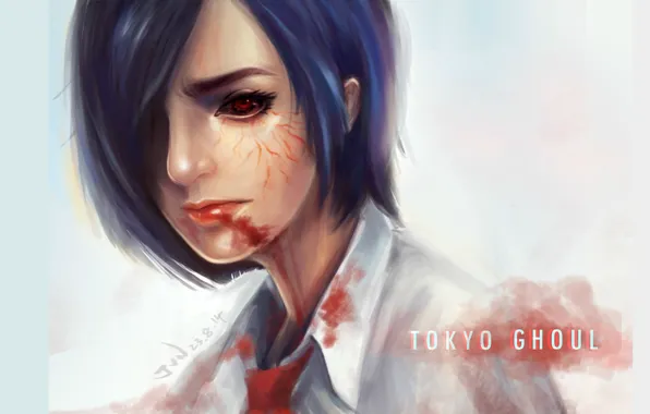 Red eyes, hunger, blood on the lips, blood spatter, Tokyo Ghoul, Bring Kirishima