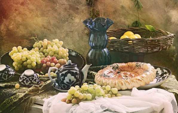 Pie, grapes, dishes, vase, still life