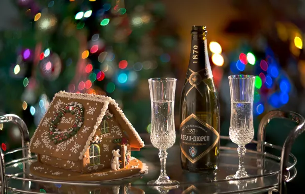 Holiday, bottle, new year, glasses, champagne, table, bokeh, gingerbread house
