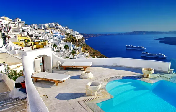 Picture sea, coast, view, island, home, ships, pool, Greece