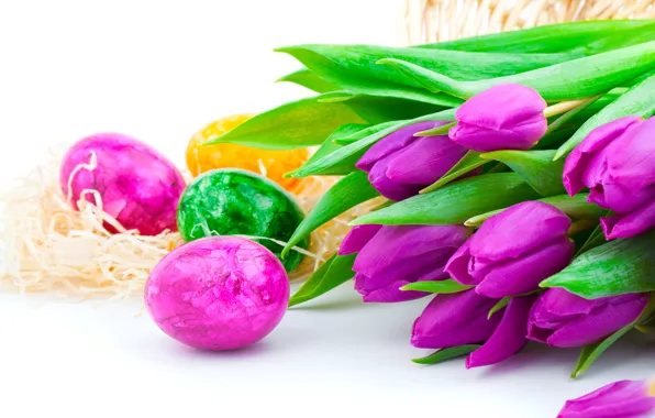 Flowers, holiday, eggs, spring, Easter, tulips, lilac, Easter