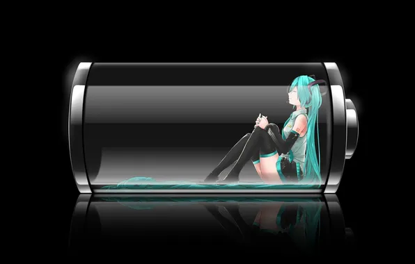 Picture girl, the dark background, art, vocaloid, hatsune miku, charge, battery, sitting