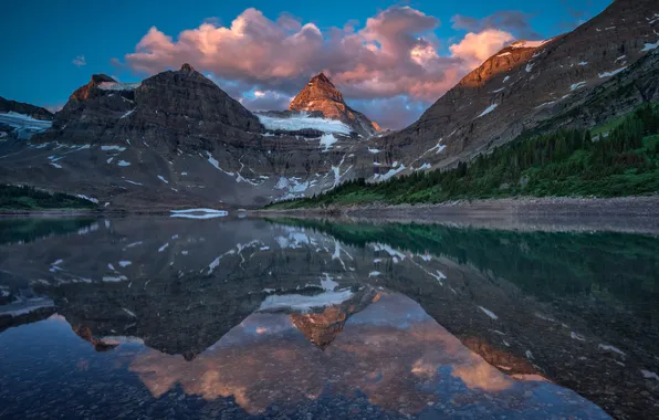 Snow, mountains, lake, reflection, Canada, British Columbia
