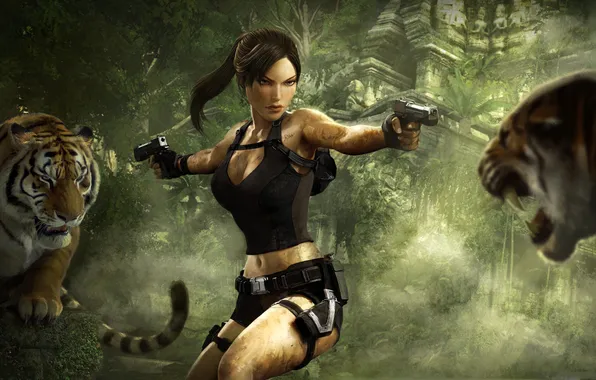Picture danger, guns, Tomb Raider, Underworld, tigers, Lara Croft